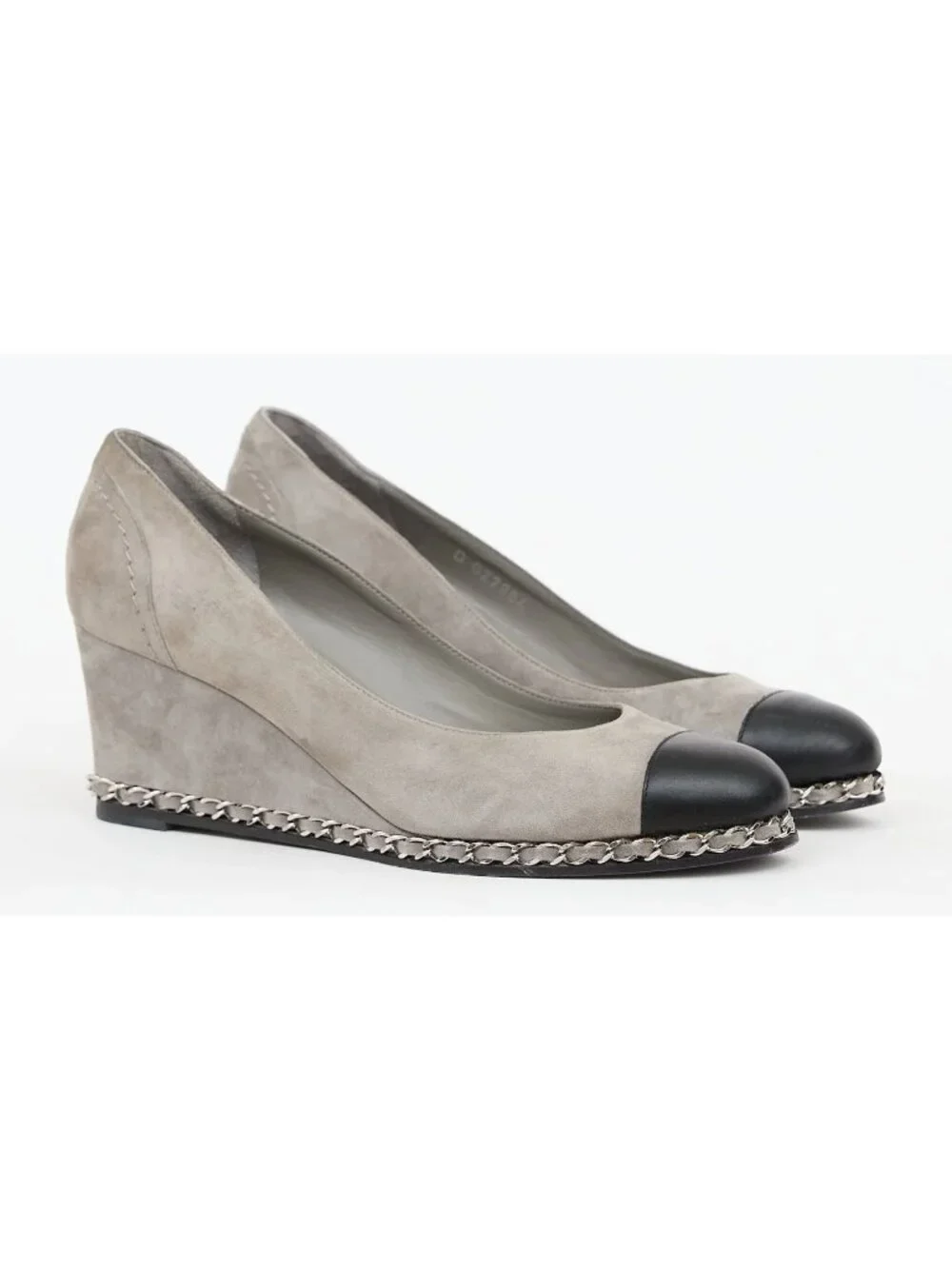 CHANEL Suede Cap Toe Chain Link Wedge Heel Pumps Grey Black 38.5